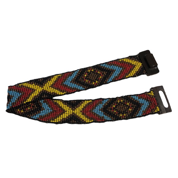 Beaded Belt, Southwestern, Carved Wood Buckle, Adjustable, Elastic, Stretchy - Picture 5 of 17